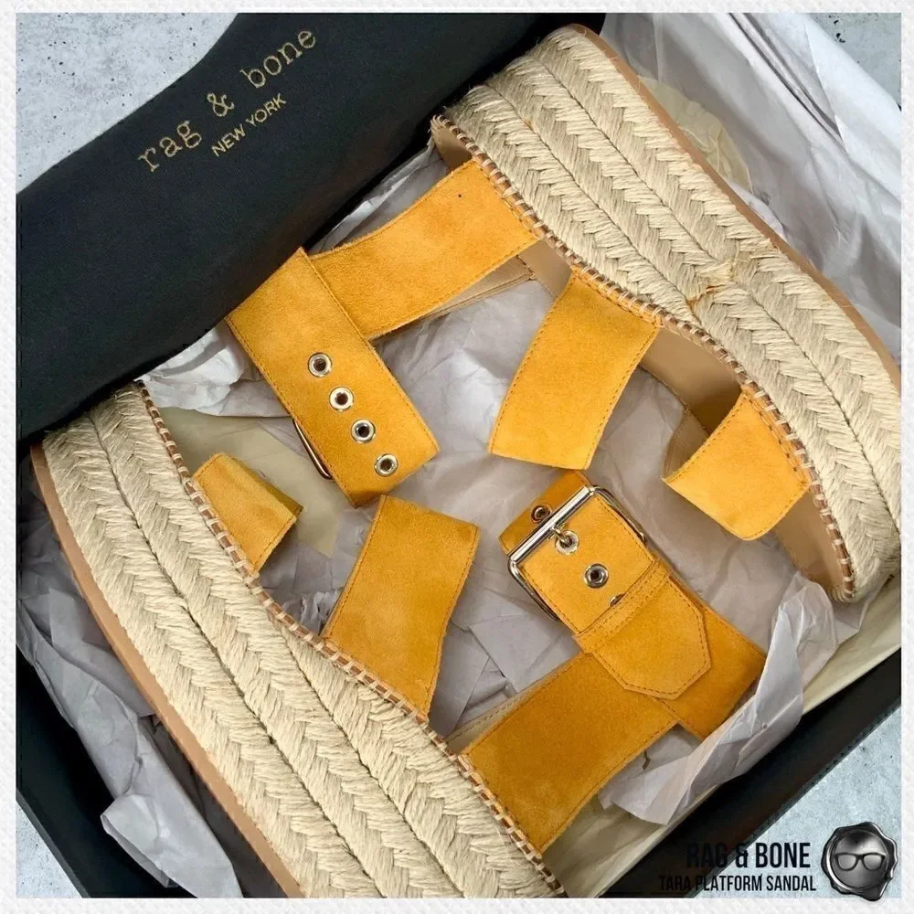 RAG & BONE TARA ESPADRILLE PLATFORM SANDAL MARIGOLD SUEDE WOMEN’S SIZE 7 YELLOW